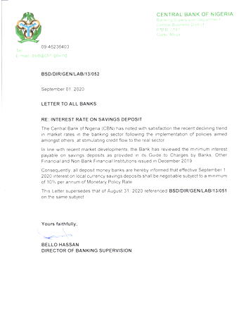 CBN orders banks to pay 10%of MPR as interest on savings deposit