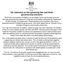 UK threatens sanctions over violence in Edo, Ondo elections