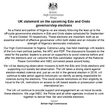 UK threatens sanctions over violence in Edo, Ondo elections