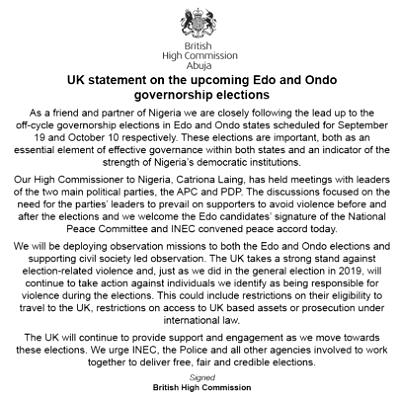 UK threatens sanctions over violence in Edo, Ondo elections