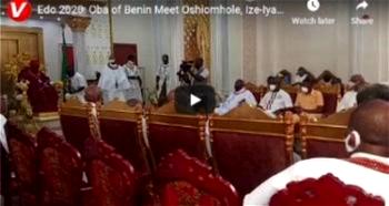 Edo 2020: Oba of Benin meet Oshiomhole, Ize-Iyamu, Oyegun, Obaseki, Shaibu (FULL VIDEO)