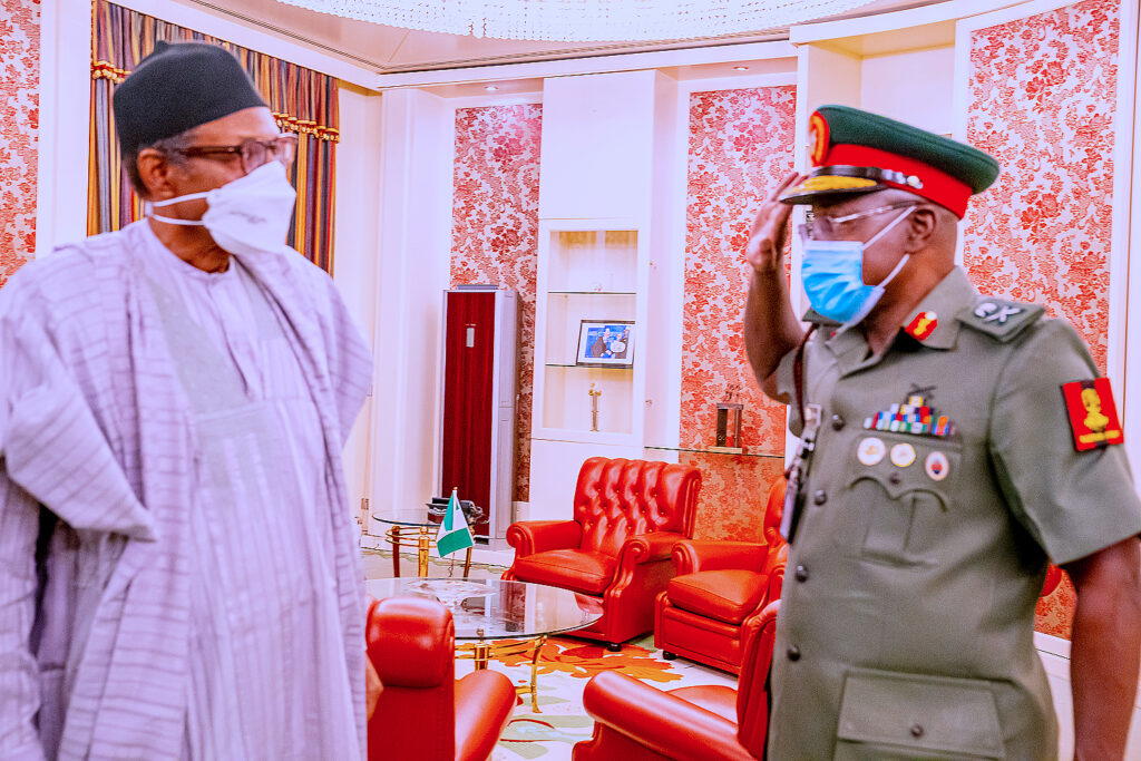 PHOTOS: Buhari receives new COAS Maj.Gen. Farouk Yahaya in Aso Rock