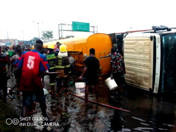 Pandemonium as oil tanker somersaults, spills contents in Lagos