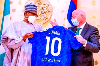 PHOTOS: FIFA president presents No. 10 jersey to Buhari