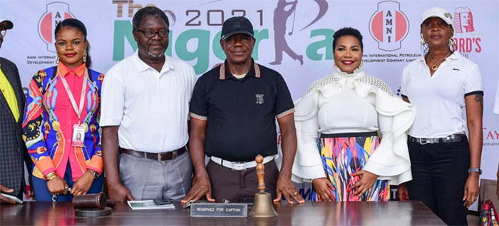 From left—Alice Ben of Birview, Wahab Aminu-Sarumi, Chairman, Ikoyi Golf community Nigeria Association (IGCNA), Meckson Innocent Okoro, Golf Captain, Idia Okundaye GM, HR, Grand Oaks Limited and Ronke Iyiola, Co-Vice Chairman, 2021 Nigeria Cup Organising Committee at the briefing to announce the tee-off of the tournament.