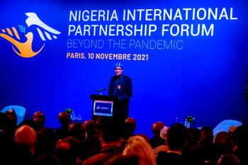 PHOTOS: Buhari delivers keynote address at Nigeria International partnership Forum in Paris