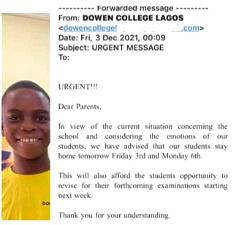 UPDATED: Lagos orders Dowen College shut indefinitely over death of 12-yr-old Sylvester