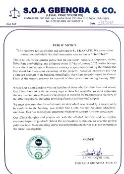 [Advertorial] U. J KANAYO HAS NO OWNERSHIP INTEREST IN THE COLLAPSED ONE-STOREY BUILDING AT OKPANAM, ASABA, DELTA STATE