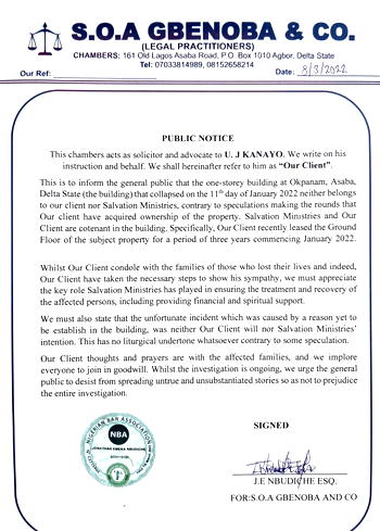 [Advertorial] U. J KANAYO HAS NO OWNERSHIP INTEREST IN THE COLLAPSED ONE-STOREY BUILDING AT OKPANAM, ASABA, DELTA STATE