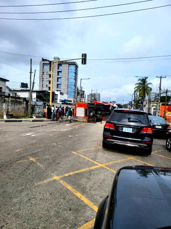 Five escape death as fire truck falls on SUV in Lagos