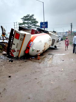 Danger averted as gas truck tumbles in Lagos