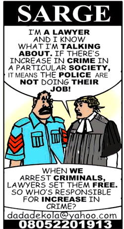 Cartoon: Sarge and lawyer in criminal’s  court