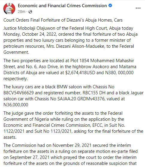 Court Orders Final Forfeiture Of Diezani’s Abuja Homes, Cars