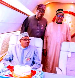 Photos: AbdulRazaq, Mohammed join Buhari celebrate 80th birthday inside presidential jet