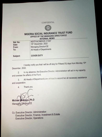 NYSC Certificate: NSITF MD, Akabogu proceeds on leave