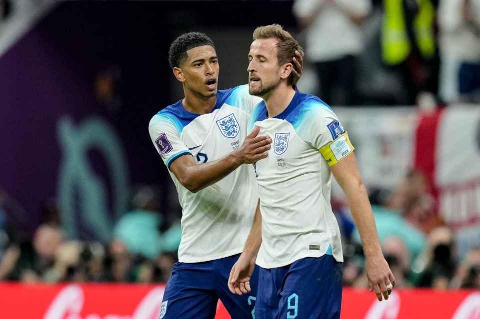  Jude Bellingham and Harry Kane of England are pictured together during the 2022 FIFA World Cup Final between England and France at the Lusail Iconic Stadium in Lusail, Qatar.