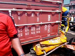 Tragedy as container-laden truck falls on commercial bus, kills 9 in Lagos