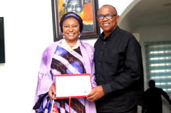 Photos: FCT’s first female Senator presents CoR to Peter Obi