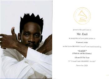 Mr Eazi receives four certificates, becomes first Nigerian to win Latin Grammy