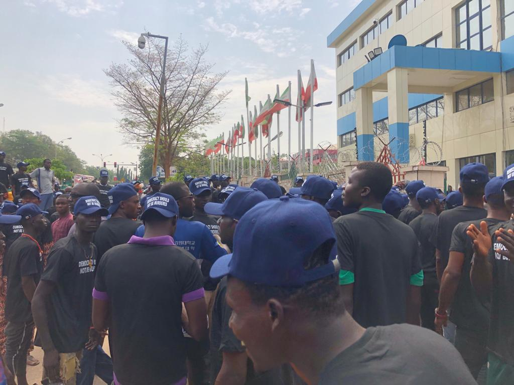 Atiku, Ayu, others lead protest to INEC hqtr in Abuja