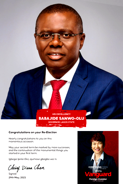Chief Diana Chen congratulates Gov Babajide Sanwo-olu on his Re-Election