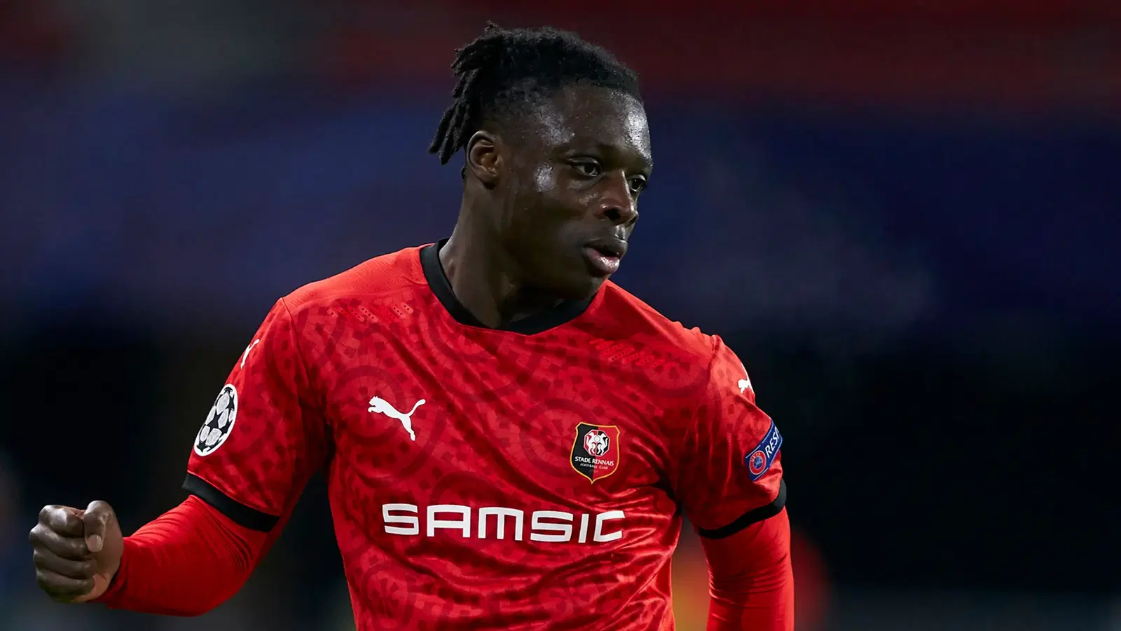  Jeremy Doku, a soccer player for Stade Rennais F.C., playing in a match.