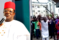 ‘He must go’, Workers protest after works minister, Umahi locks them out over lateness