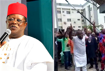 ‘He must go’, Workers protest after works minister, Umahi locks them out over lateness