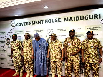 Insurgency: Defence Minister, Service Chiefs visit Maiduguri