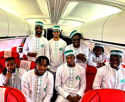 Video: Super Eagles players dress in kaftan as they jet off to Abidjan