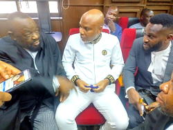 PHOTOS: Nnamdi Kanu appears in court as trial resumes