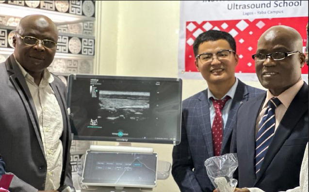 From left: Immediate past Chairman of the Governing Board of Radiographers Registration Board of Nigeria (RRBN), Alhaji Abdulfatai Bakre, Representative of Mindray Healthcare, China, Mr Joseph and the Registrar/Chief Executive of the Radiographer Registration Board of Nigeria, RRBN, Professor Mark Okeji during the formal handover of top of the line ultrasound machine to the Nigeria Institute of Radiographers in Lagos