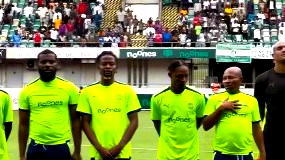 Video: Sabinus, Falz, other celebrities struggle with new national anthem in charity match