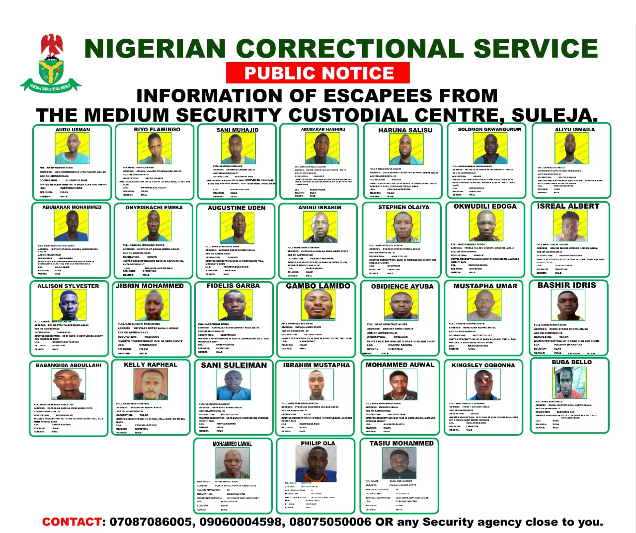 Suleja: Prisons publishes identities of 31 fleeing inmates