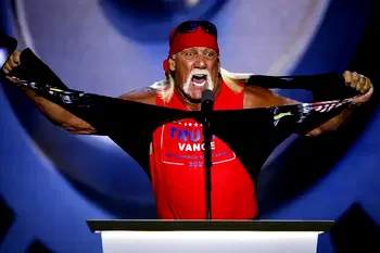 Wrestler Hulk Hogan tears off shirt on stage as he declares support for Trump