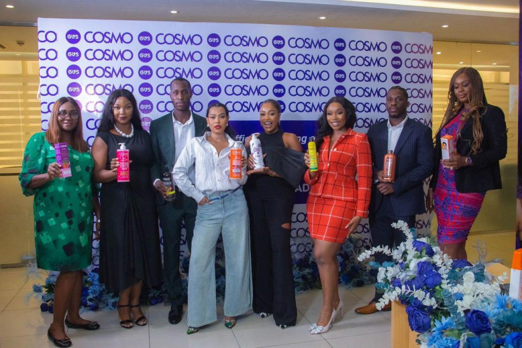 L:R: General Manager, GVS Cosmetics, Sandra Odogwu, Marketing Manager, GVS Cosmetics, Jennifer Ezeanya, Executive Director, GVS Cosmetics, Chijioke Chukwuka, Cosmo Cosmetics Brand Ambassadors, Anita Singh (aka Nini) Uche Nwaefuna (aka Uche Montana), Olawunmi Oluwabamike (aka Bam Bam), Executive Director, GVS Cosmetics, Obiora Michael Nwosu and National Sales Manager, GVS Cosmetics, Uche Udogu, at the unveiling of Cosmo Cosmetics Brand Ambassadors held recently in Lagos.