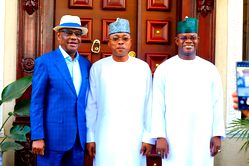 Photos: Ex-Kogi gov, Yahaya Bello, his successor, Ododo visit Wike in Abuja
