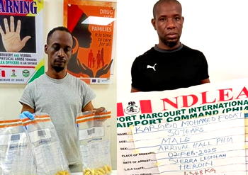 Two drug kingpins excrete 125 wraps of heroin at Lagos, Port Harcourt airports