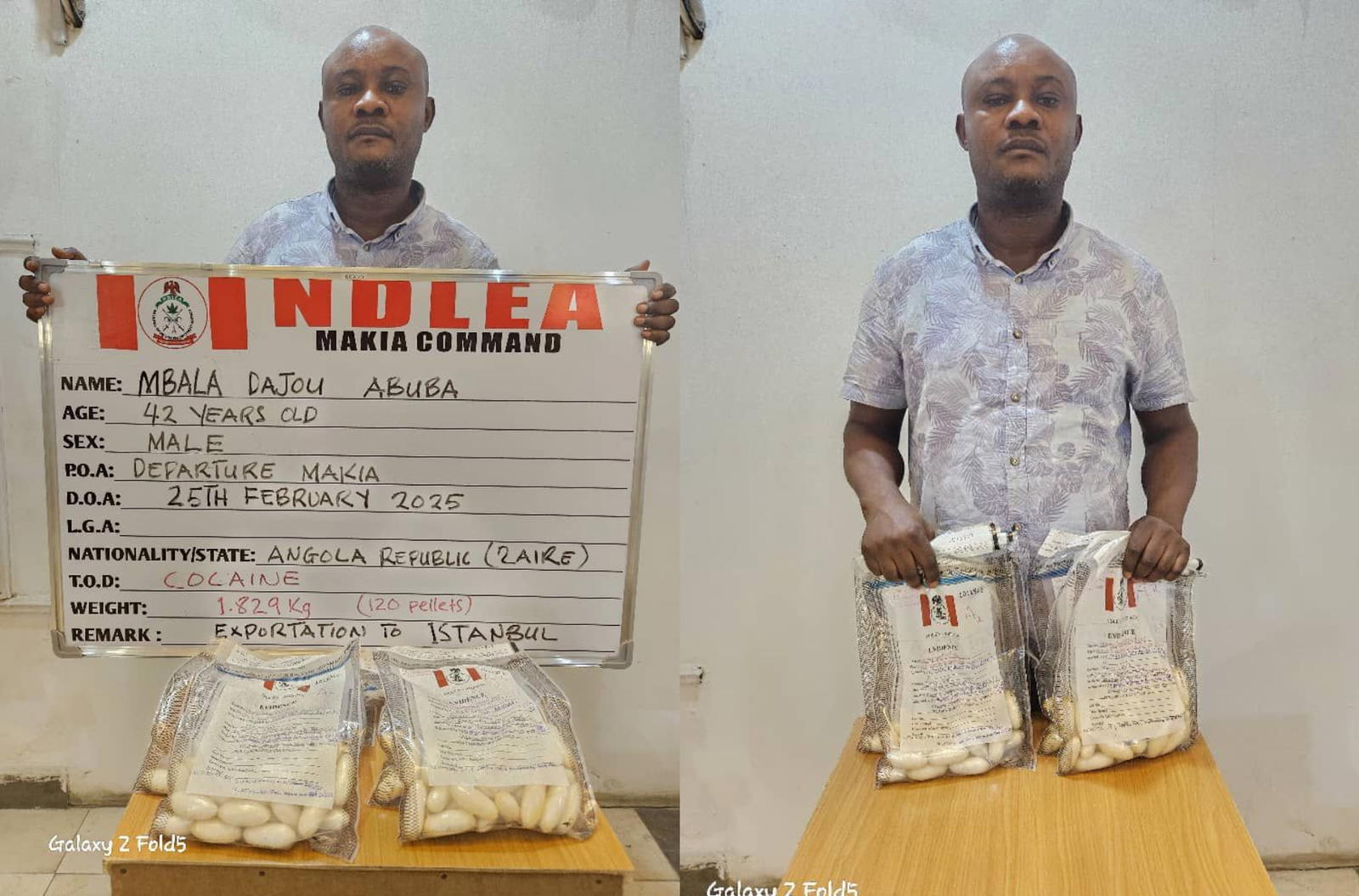 42-year-old Angolan businessman, Mbala Dajou Abuba arrested with cocaine in Kano.