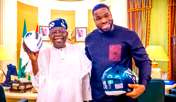 Photos: Tinubu hosts Super Bowl winner Ojomo at Aso Rock