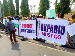 Photos: Natasha Akpoti’s supporters storm NASS, ask Akpabio to step down