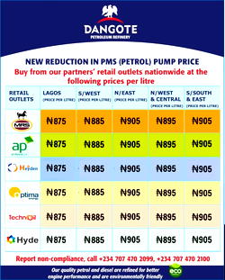 Dangote Refinery cuts petrol price by N15