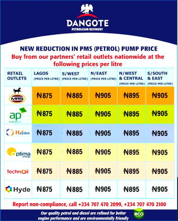 Dangote Refinery cuts petrol price by N15