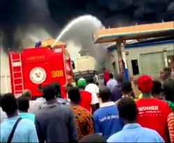 UPDATED: Panic as fire razes fuel station in Lagos