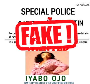 Iyabo Ojo not wanted – Police disown viral poster