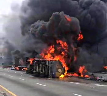 Three injured as fire guts tanker in multiple crash along Apapa-Oshodi Expresssway