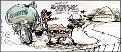 Cartoon: No jumping when horse rider turns to cow