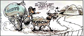 Cartoon: No jumping when horse rider turns to cow