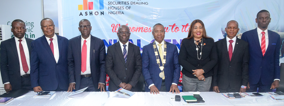 L-R: Executive Secretary, Association of Securities Dealing Houses of Nigeria (ASHON), Athan Ogbozor: Past Chairman, Onyenwechukwu Ezeagu; Treasurer, Oluwadare Adejumo; 1st Vice Chairman, Sehinde Adenagbe; Chairman, Sam Onukwue; 2nd Vice Chairman, Ifeyinwa Ejezie; Public Sector, Kolawole Oyedokun and Public Relations Officer, Olayiwola Olaleru during the Annual General Meeting (AGM) of ASHON in Lagos.