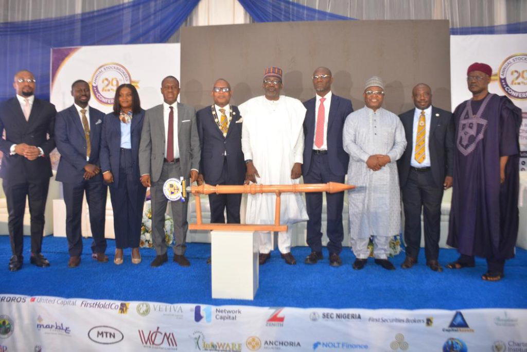 L-R: Director General/CEO, Small and Medium Enterprises Development Agency of Nigeria (SMEDAN), Charles Odii; 2nd Vice President, Chartered Institute of Stockbrokers (CIS), Dr Akeem Oyewale; 1st Vice President, CIS, Fiona Ahimie ; Chairman, House Committee on Capital Market, Solomon Bob; 13th President and Chairman of Council, CIS, Oluropo Dada; Deputy Chief of Staff to President in the Office of Vice President, Senator Ibrahim Hadejia; Director General, Securities and Exchange Commission (SEC), Dr Emomotimi Agama; Group Chairman, NGX Group PLC, Alhaji Umaru Kwairanga; Registrar and Chief Executive, CIS, Ayorinde Adeonipekun and Vice Chairman, Senate Committee on Capital Market, Senator Peter Jiya, during 29th Stockbrokers’ Conference in Abuja at weekend